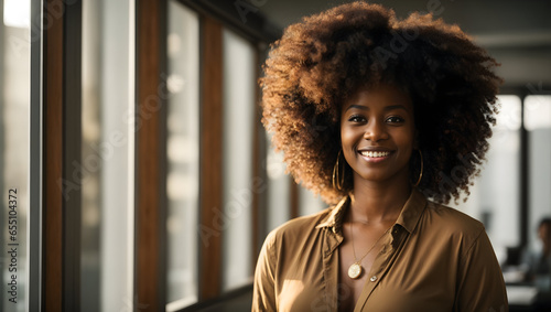 portrait of a black woman with an afro hairstyle standing by a window in an office 