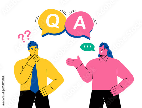 Q and A texts and business man and business woman. Flat vector illustration isolated on white background