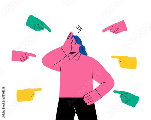 Sad or depressed business woman surrounded by hands with index fingers pointing at him. Public censure and victim blaming. Flat vector illustration isolated on white background