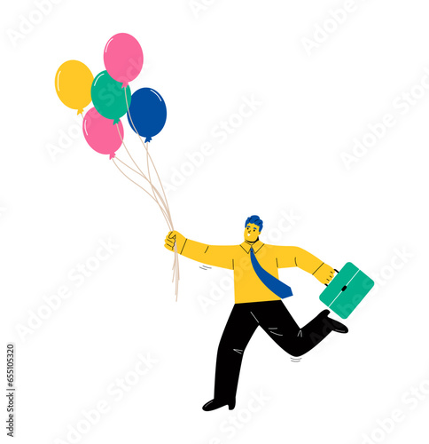 Business man flying into sky with colorful balloon, business concept in freedom and opportunity. Flat vector illustration isolated on white background