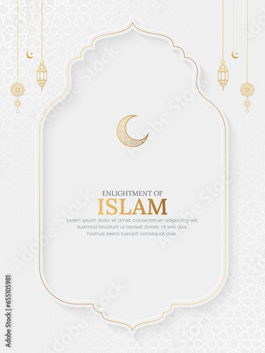 Islamic White Luxury Ornamental Greeting Card with Arabic Pattern and Decorative Ornaments