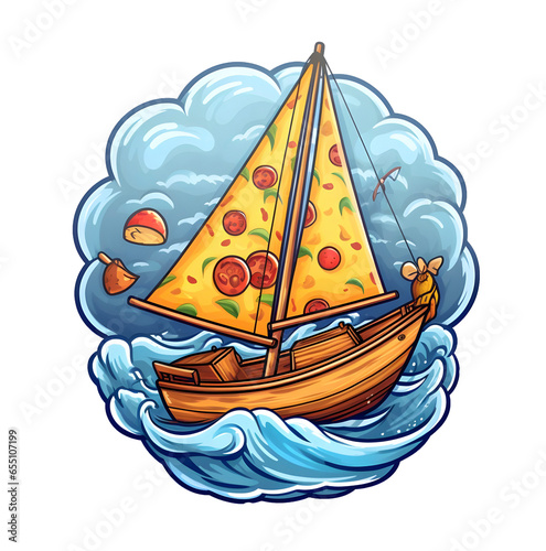 Sailboat with pizza for sails cute cartoon style sticker illustration