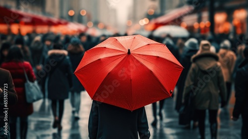 Rear view of a woman with a red umbrella walking on a busy city street with many people. Weather or rainy day concept. Generative AI