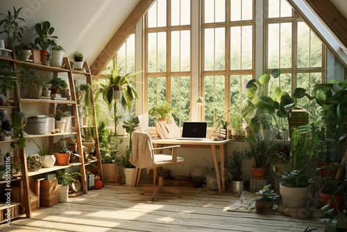 Bright workspace with plants. Generative AI