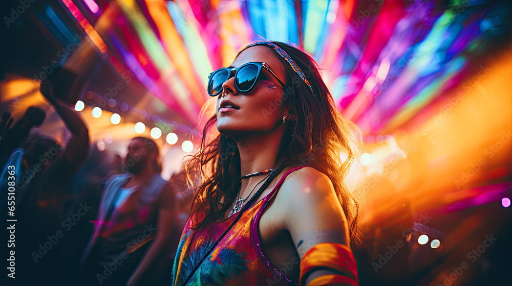 a fashion  young adult at a vibrant music festival, colorful stage lighting