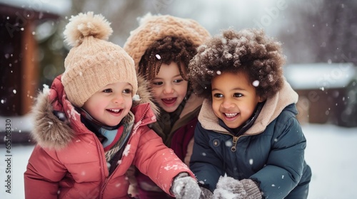 Little children playing in the snow. Generative AI