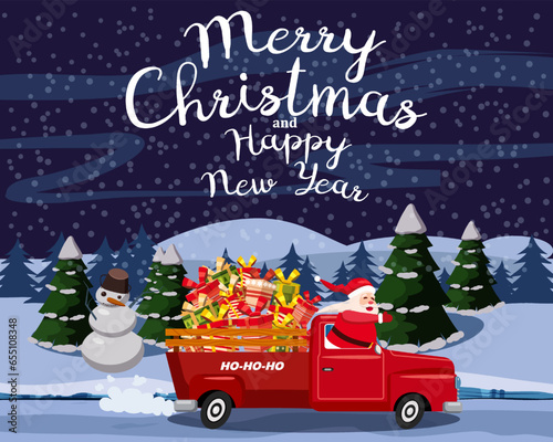Merry Christmas Poster Santa Claus drives an old retro car, truck