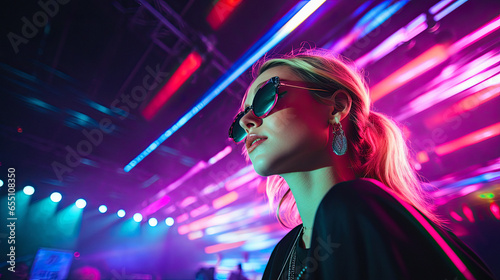 a fashion young adult at a vibrant music festival, colorful stage lighting