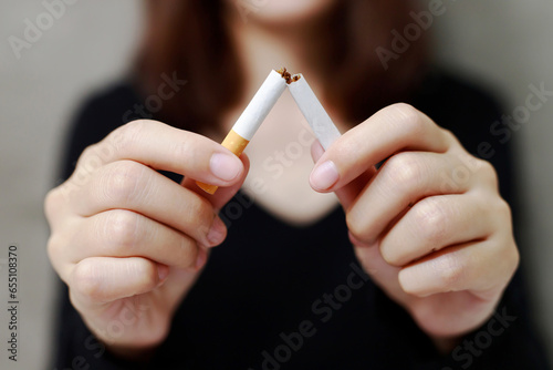 woman refusing cigarettes concept for quitting smoking and healthy lifestyle.or No smoking campaign Concept. photo