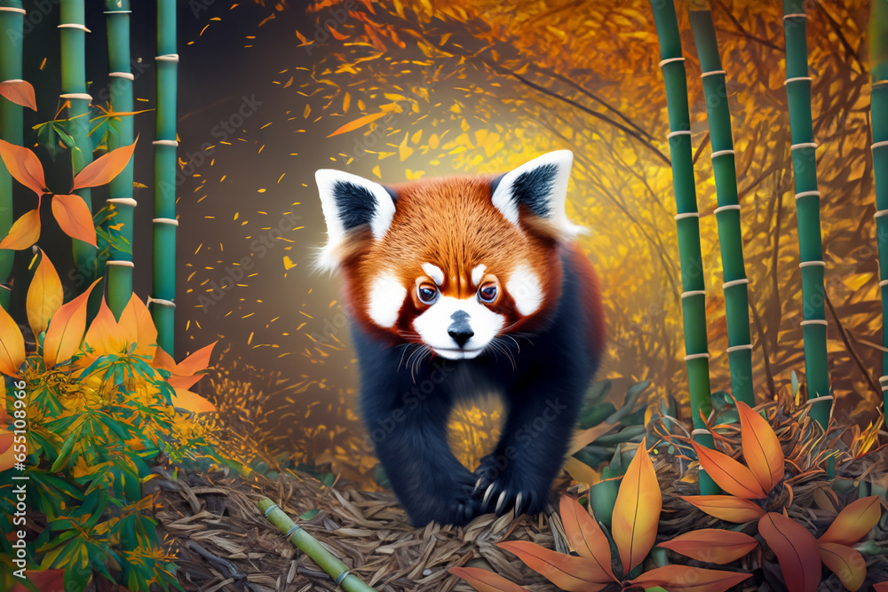 Naklejka premium Red Panda in the autumn bamboo forest with warm colors and many yellow and orange fallen leaves.