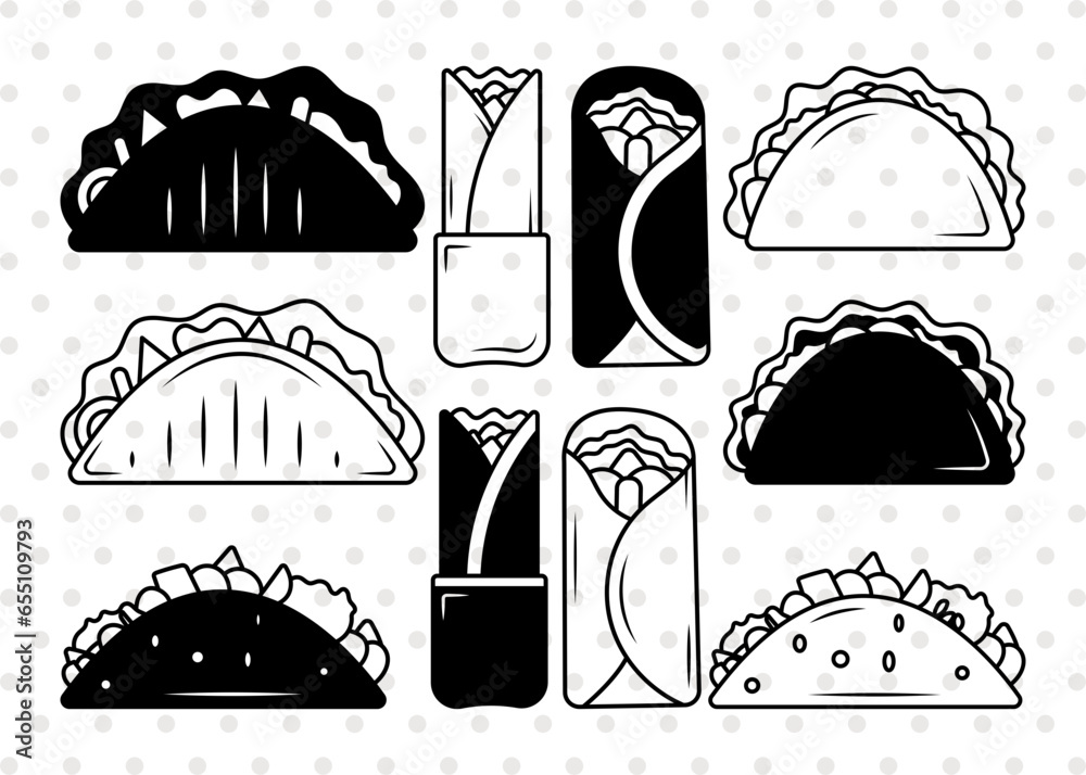 Taco Silhouette, Taco SVG, Mexican Food Svg, Snacks Items Svg, Fast ...