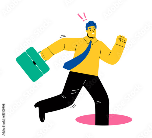 Business man accidentally fell into a hole. Blunder or make a fatal mistake. Flat vector illustration isolated on white background
