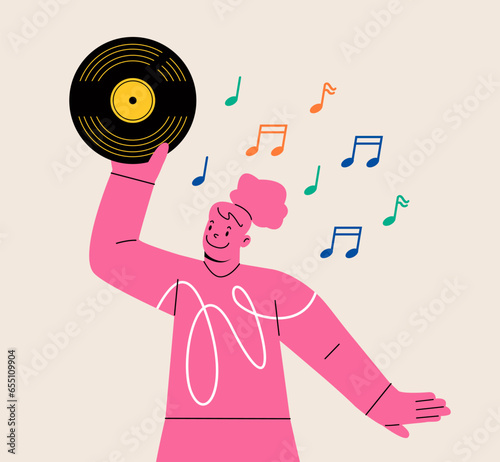 Woman holding vintage vinyl music. Colorful vector illustration