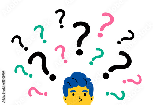 Business man looking at the question marks. Flat vector illustration isolated on white background