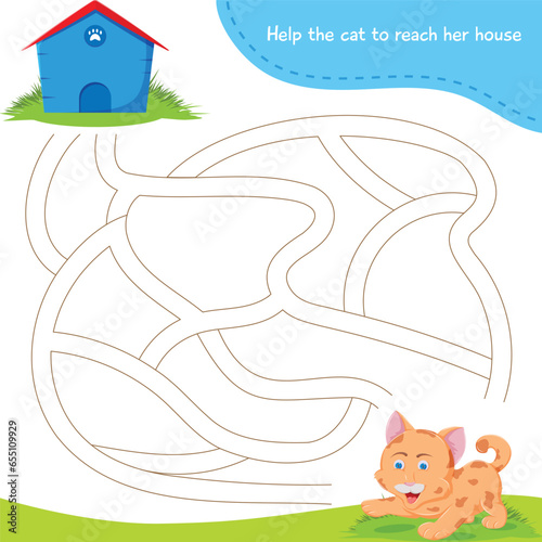 A Maze. Educational game for children. Help the Cat to reach her house. Children funny riddle entertainment for the logical thinking and development.