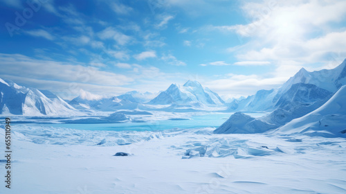 Arctic Winter Landscape with Snow-Covered Mountains and Glacier