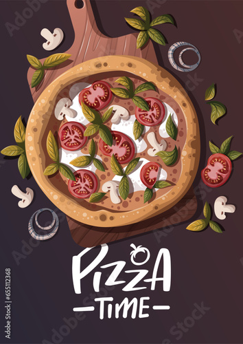 Card design with Pizza Margherita with tomatos and mozzarella. Italian cuisine, healthy food, cooking, restaurant menu, eating, recipes concept. Vector illustration.