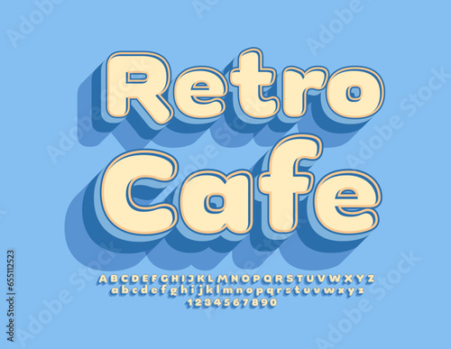 Vector creative emblem Retro Cafe. Old fashioned 3D Font. Vintage style Alphabet Letters, Numbers and Symbols