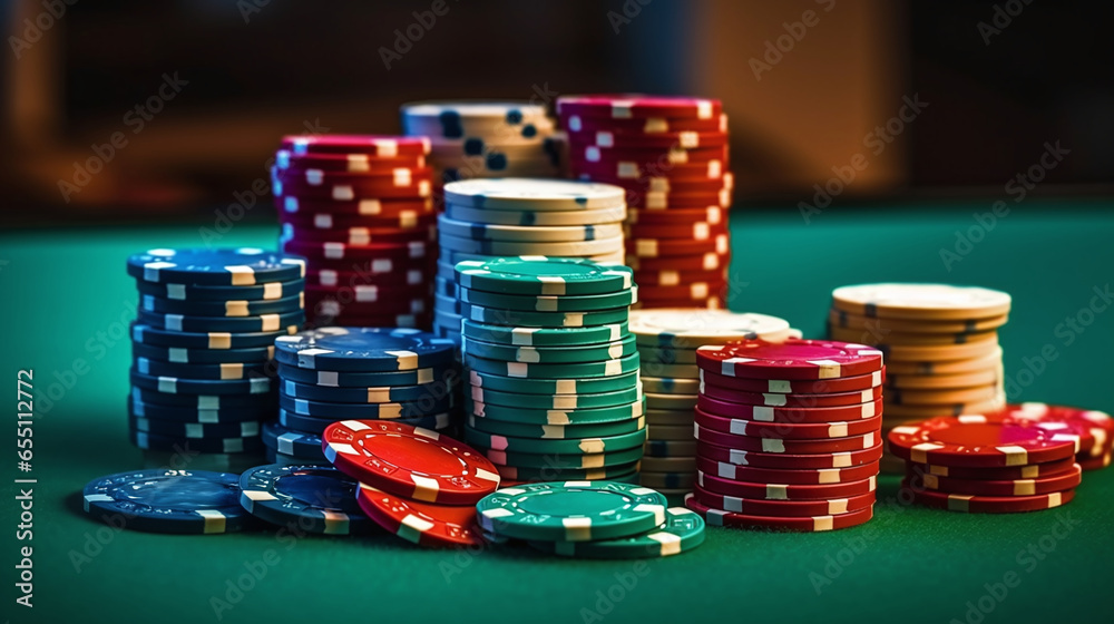 Casino chips on green table in casino. Casino gambling concept. Poker chips and casino chips on green background. Casino theme. 