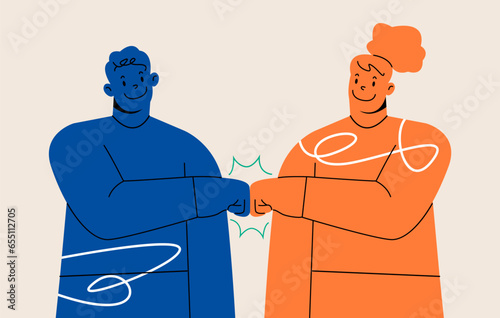 Successful partnership, teamwork concept. Man and woman standing and bumping fists from both sides. Colorful vector illustration