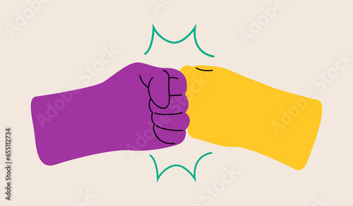 Two bumping fist finger. Team work, partnership, friendship, friends. Colorful vector illustration