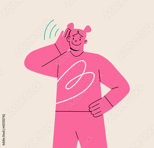 Young woman smiles and holds his hand near his ear. The girl listening or hearing intently. Colorful vector illustration