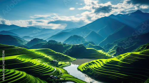 Terraced Agricultural Landscape with River and Mountains