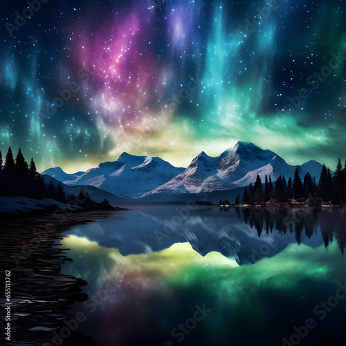 Tranquil Lake and Dancing Northern Lights  Mesmerizing Night Sky Over Snowy Mountains and Forest