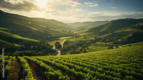 Sunset Over Green Vineyard Landscape