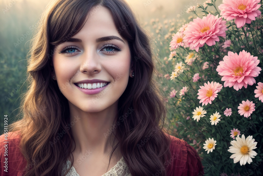 portrait of a beautiful girl posing against the background of nature with flowers and trees on a bright sunny day portrait of a beautiful girl posing against the background of nature with flowers and trees on a bright sunny day