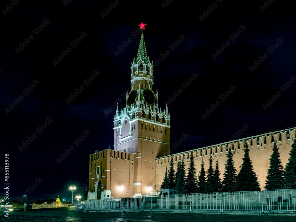 Moscow Kremlin, night view, Spasskaya clock tower