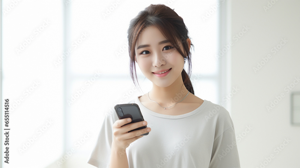 スマホを片手に持ち笑う子どものポートレート スマホを片手に持ち笑う子どものポートレート