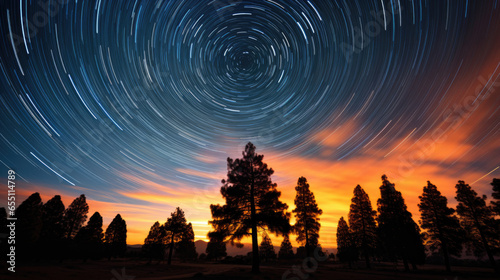 Startrails and Silhouetted Trees Against Twilight Sky