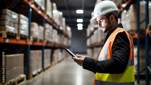 The logistician warehouseman checks the stock level on the tablet. Generative AI photo