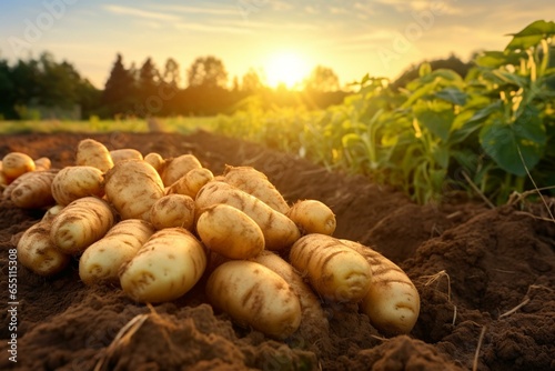 Freshly gathered potatoes growing in a sunlit field. Generative AI
