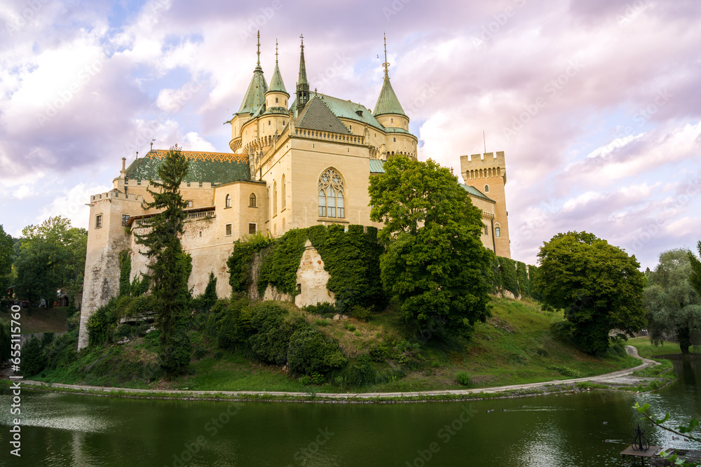 An view of the medieval Bojnice Castle,  in Slovakia. Romantic  castle in Gothic and Renaissance style, built in the 12th century. 
