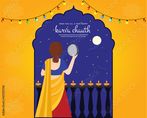 Creative poster and banner for  woman performing Karwa Chauth or Karwa Chauth Poojan photo