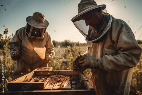 beekeepers collecting honey from bee panels. created with ai. © PintoArt