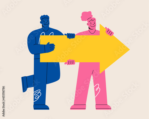 Men and women holding arrow sign. Concepts of looking for way or direction. Colorful vector illustration