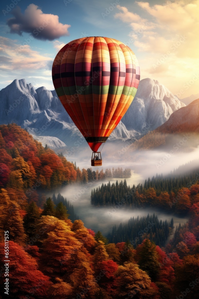 A brightly colored hot air balloon lifting off into the misty autumn sky.