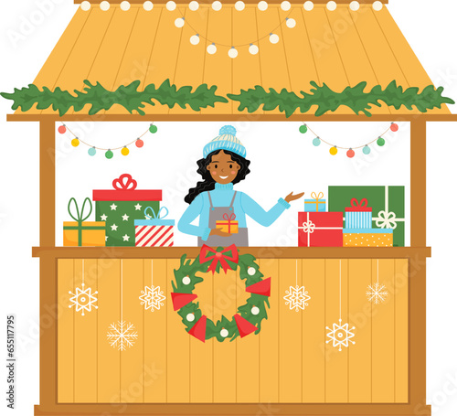 Christmas stall. Young african american woman sells gifts at the kiosk. Christmas market. Festival stand. Vector illustration.