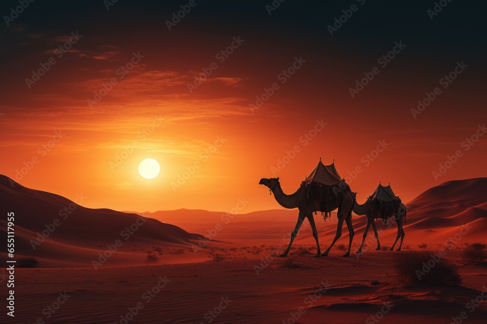 Desert landscape at dusk with a camel silhouette