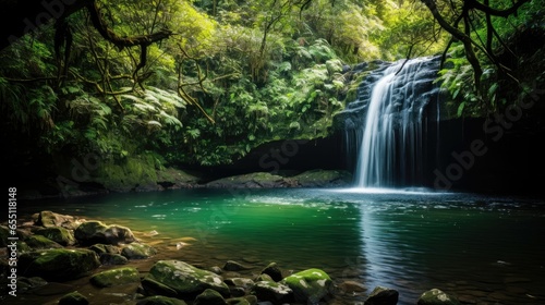 A cascading waterfall plunges into a hidden emerald pool  surrounded by emerald foliage.