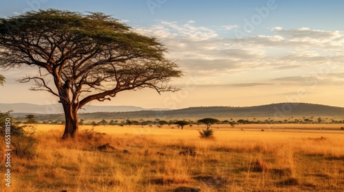 A vast savanna stretches as far as the eye can see  dotted with graceful acacia trees.