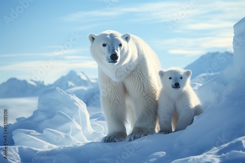 The isolated Arctic wilderness, where a mother polar bear and her cub roam.