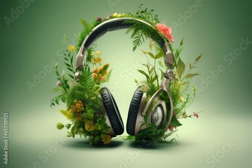 Tropical nature music headphones garden. Chair smile. Generate Ai photo
