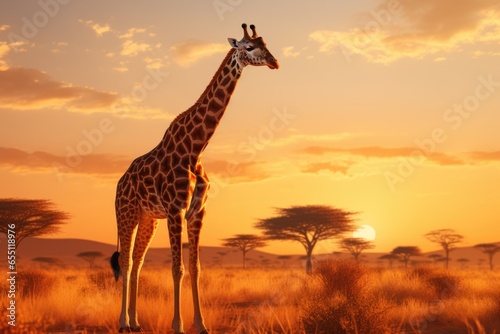 The scenic beauty of an African landscape with a gracefully feeding giraffe in silhouette.