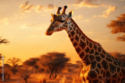 The scenic beauty of an African landscape with a gracefully feeding giraffe in silhouette.