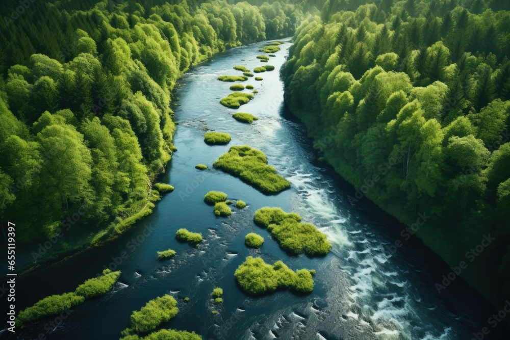 A calm river peacefully winding its way through a forested setting. A calm river peacefully winding its way through a forested setting.