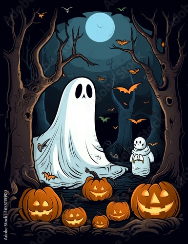 Halloween ghost with pumpkins. Cute cartoon children's illustration of a ghost with pumpkins. AI Generated